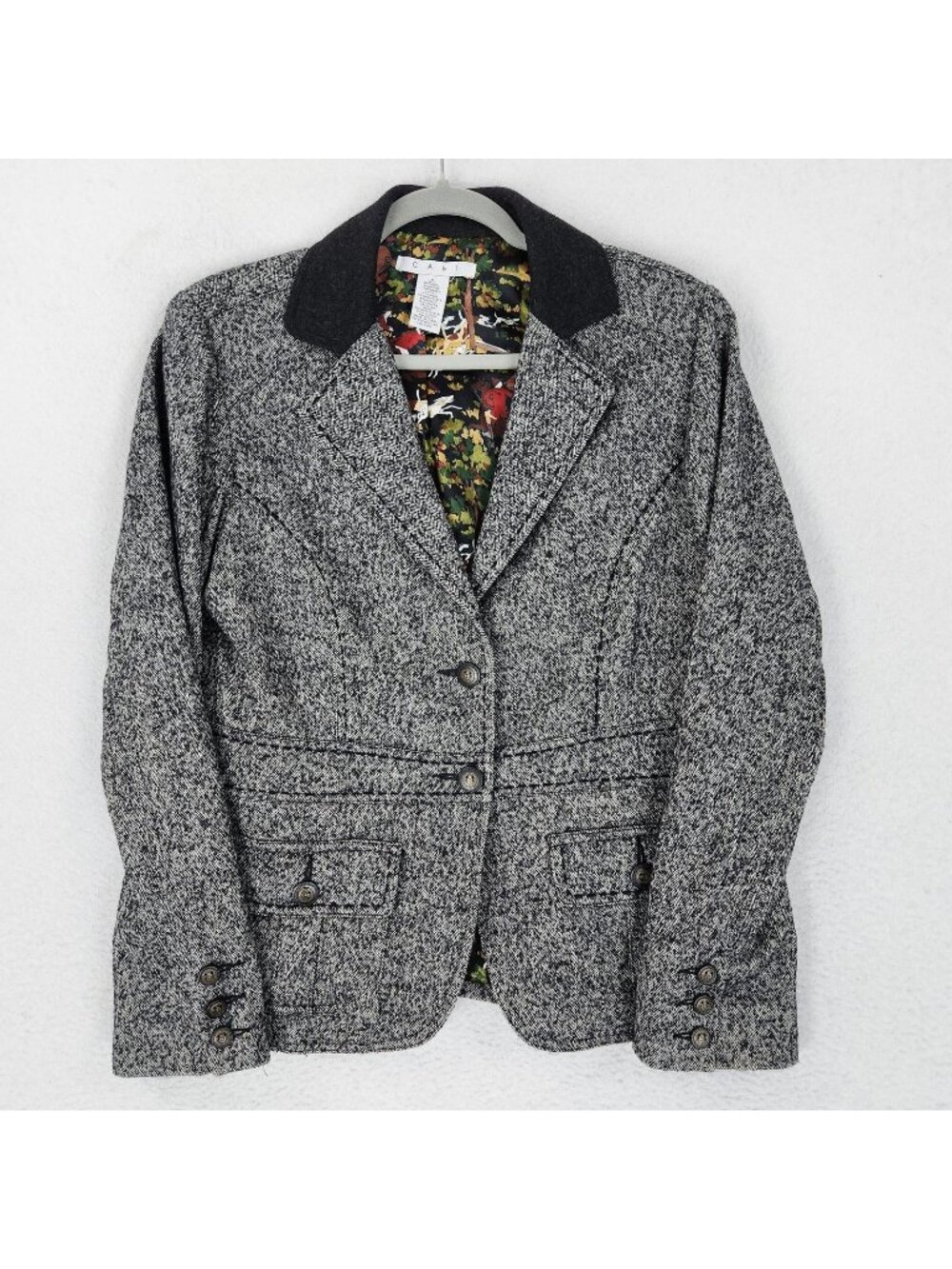 CAbi Jacket Womens 8 Gray Herringbone Wool Horse Print Lined Equestrian Blazer